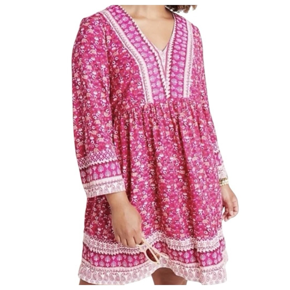 Anthropologie Maeve Dress Women's Medium Pink Embroidered Long‎ Sleeve Boho